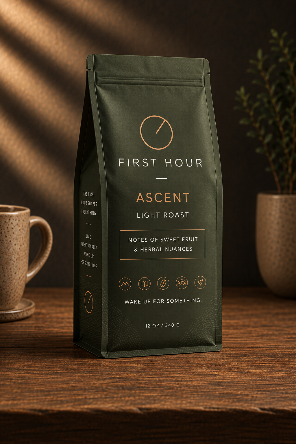 First Hour Ascent light roast coffee bag