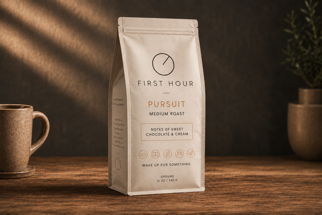 Pursuit medium roast coffee bag on a wooden table beside a stoneware mug