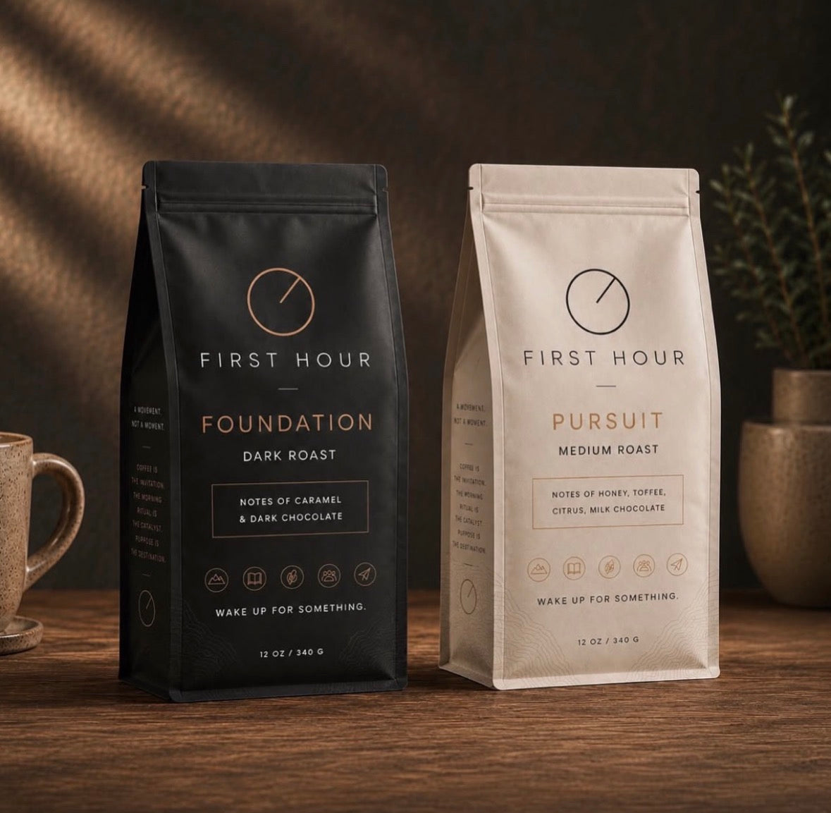 Foundation and Pursuit coffee bags on a wooden table.
