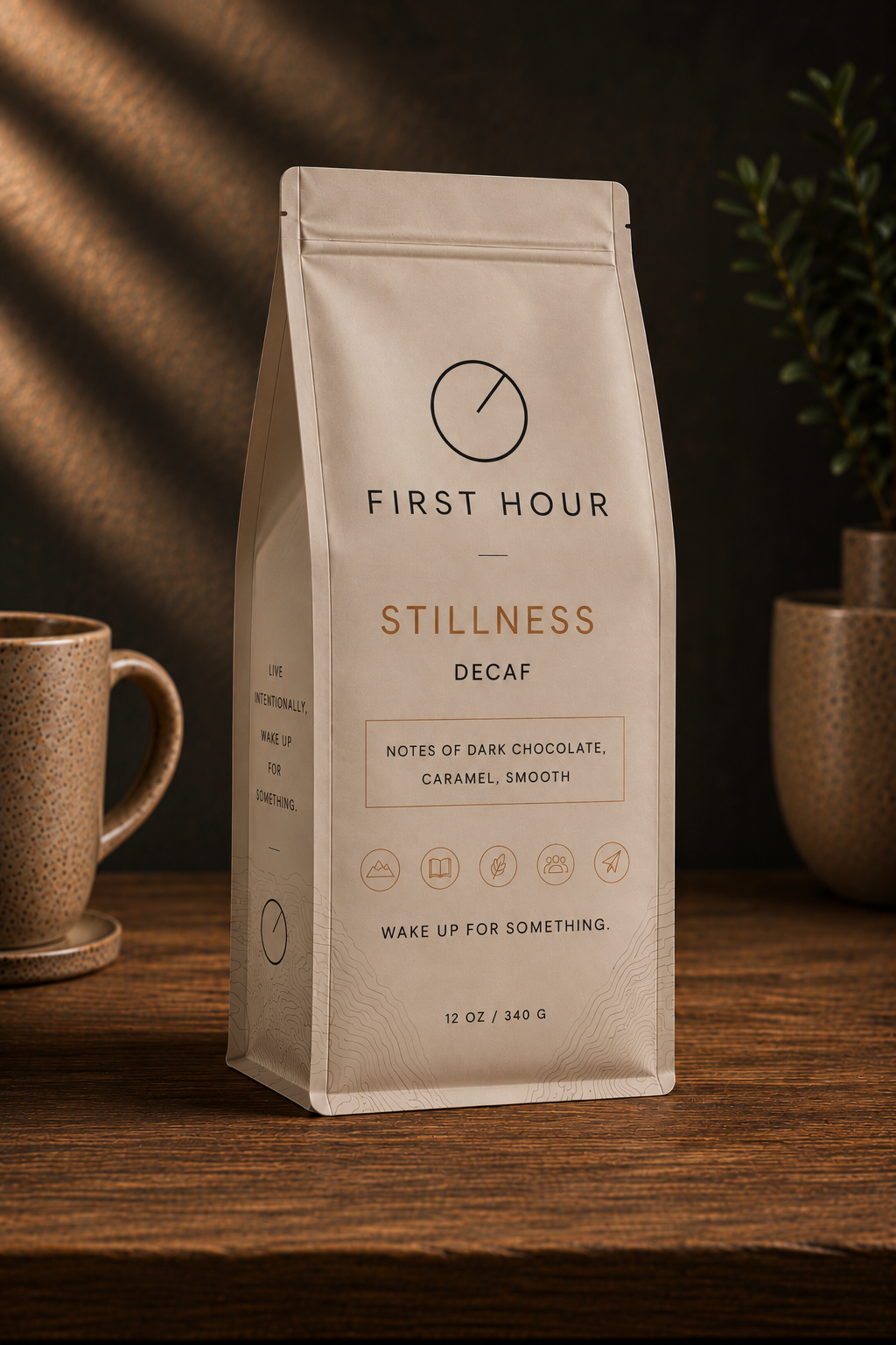 Stillness decaf coffee bag in warm light